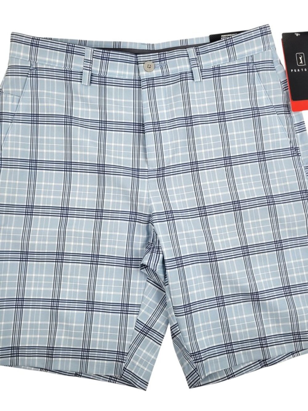 PGA Tour Golf Shorts Mens 30 Blue Plaid Active Waistband Moisture Wicking Casual